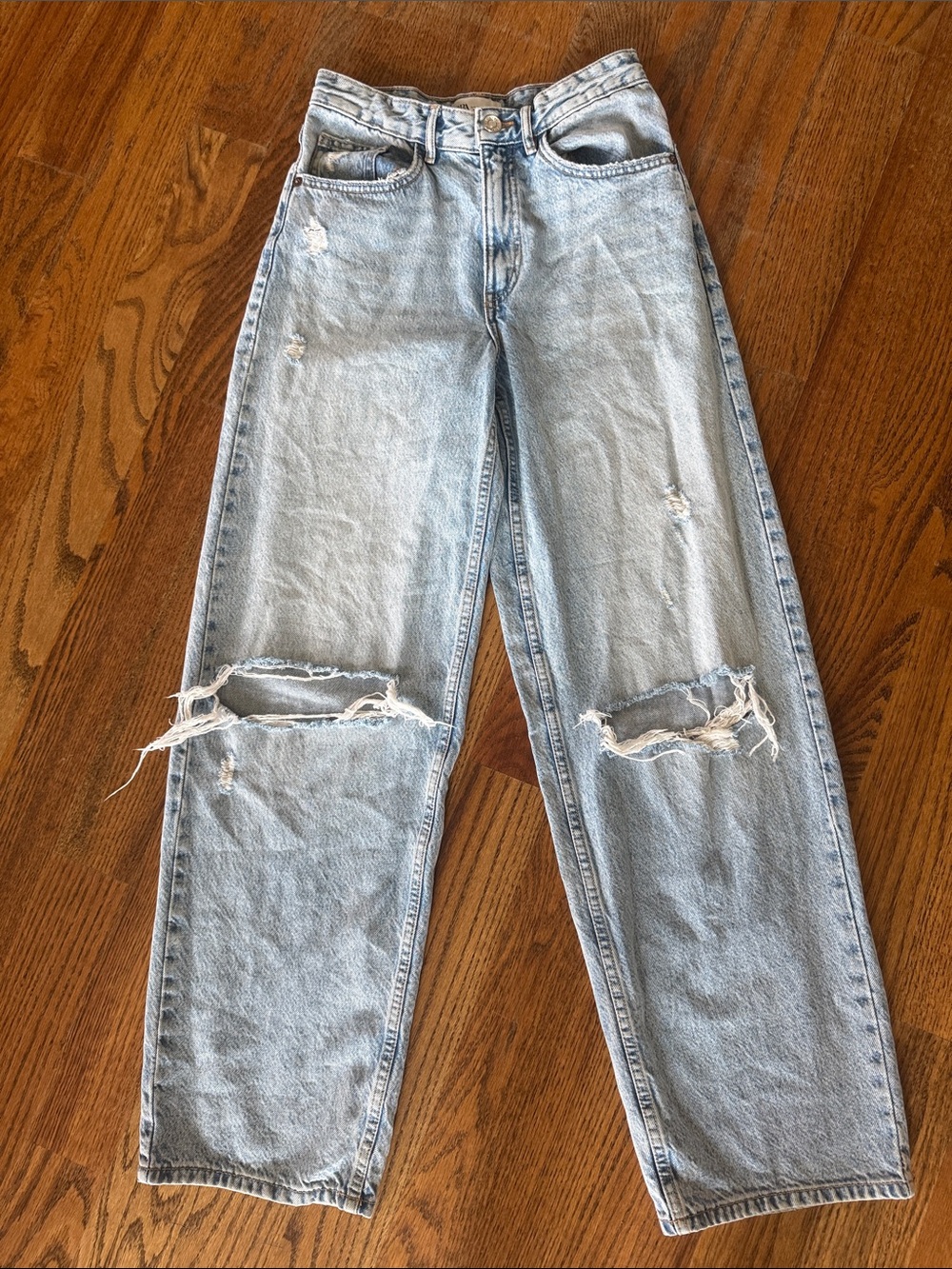 Zara Wide Leg Distressed Jeans Light Wash Ripped Knee Baggy Denim Women’s [XS]